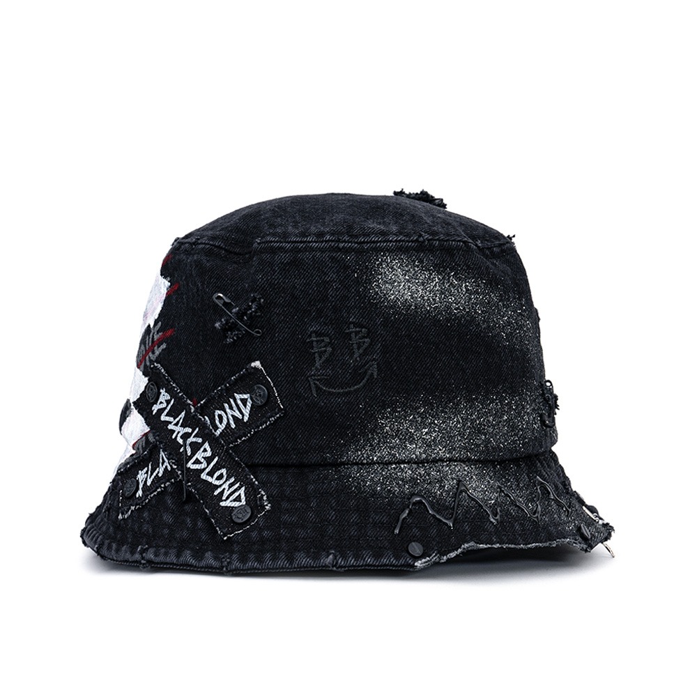 BBD Smile Logo Denim Bucket Hat Dirty Custom Ver. (Black)